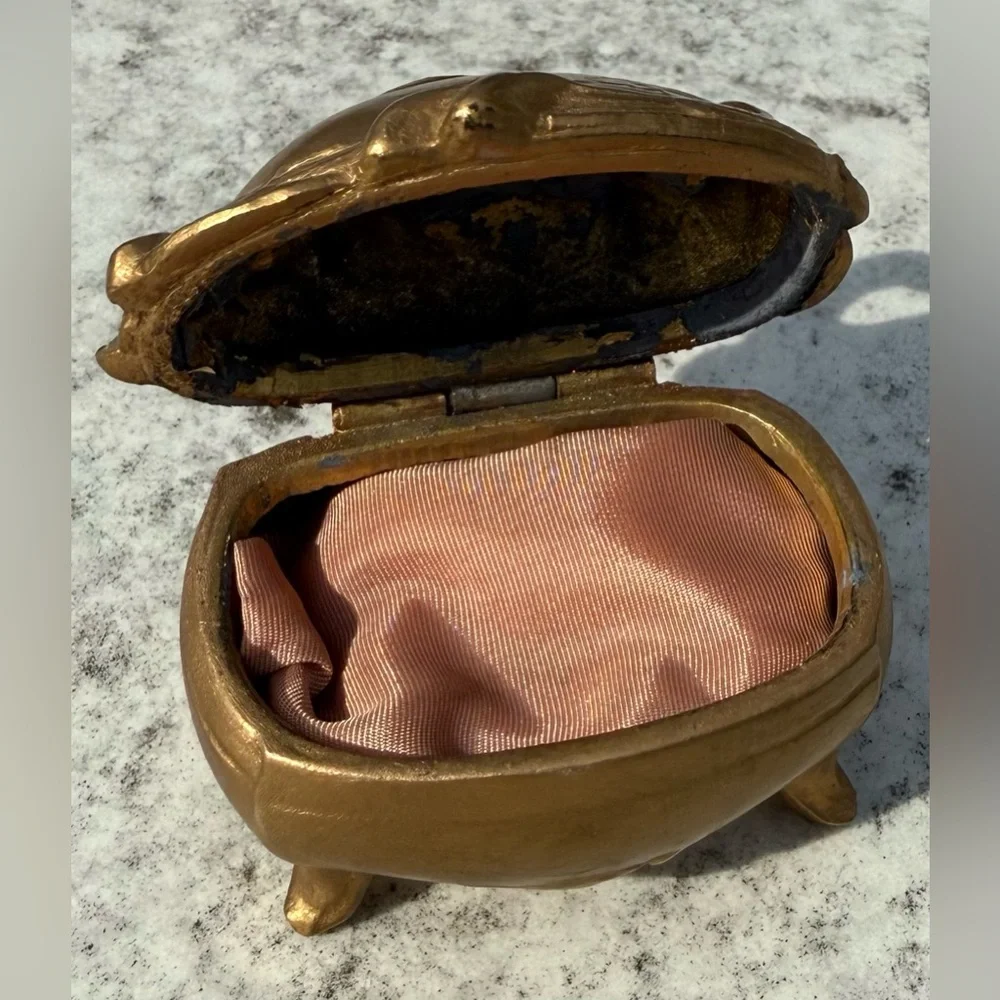 Vintage Gold Tone Metal Footd Trinket Box Art Nouveau Hinged Jewelry Casket Pink